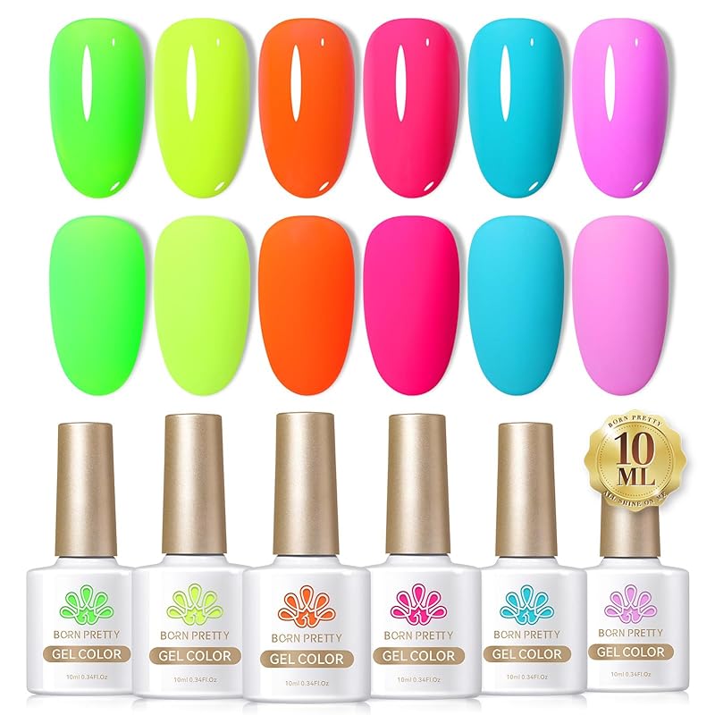 BORN PRETTY ジェルネイルカラーセット 蛍光カラー ネオンカラー カラージェル ネイル 春夏ネイル イエロー グリーン レッド 10ml 6色 UV/LED対応 ポリッシュタイプ セルフネイ