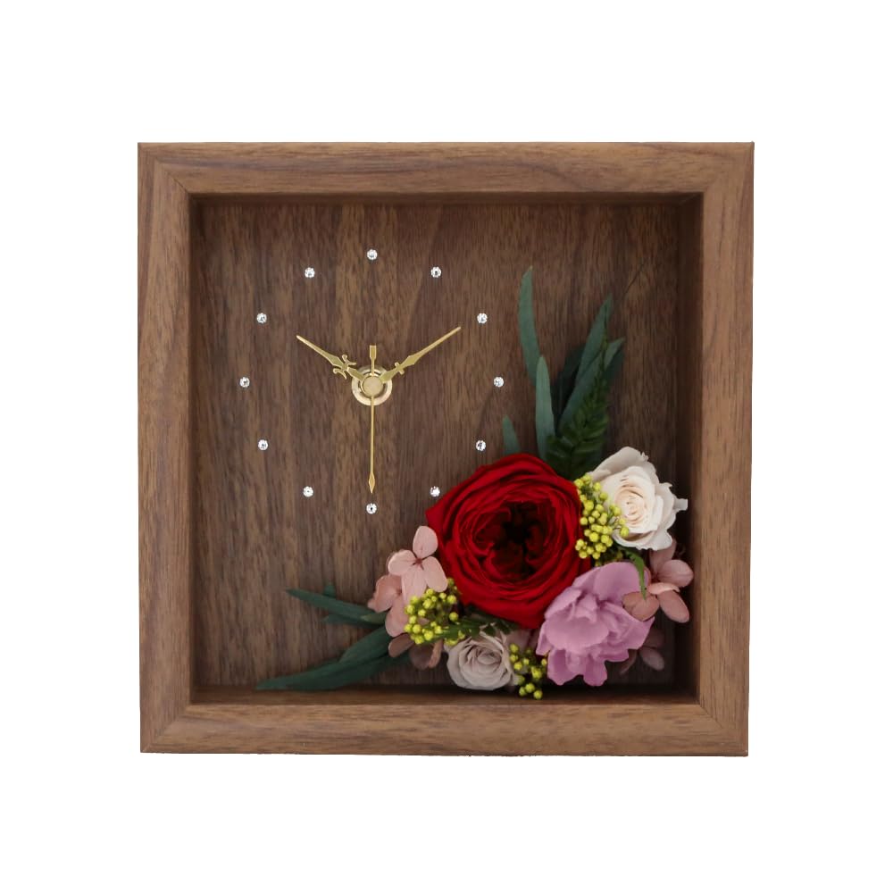 【Mahalo -マハロ- 】 プリザーブドフラワー 時計 置時計 ハワイ 雑貨 ハワイアンインテリア ギフト プレゼント リゾート 木製 バンブー (ブラウン×レッド)