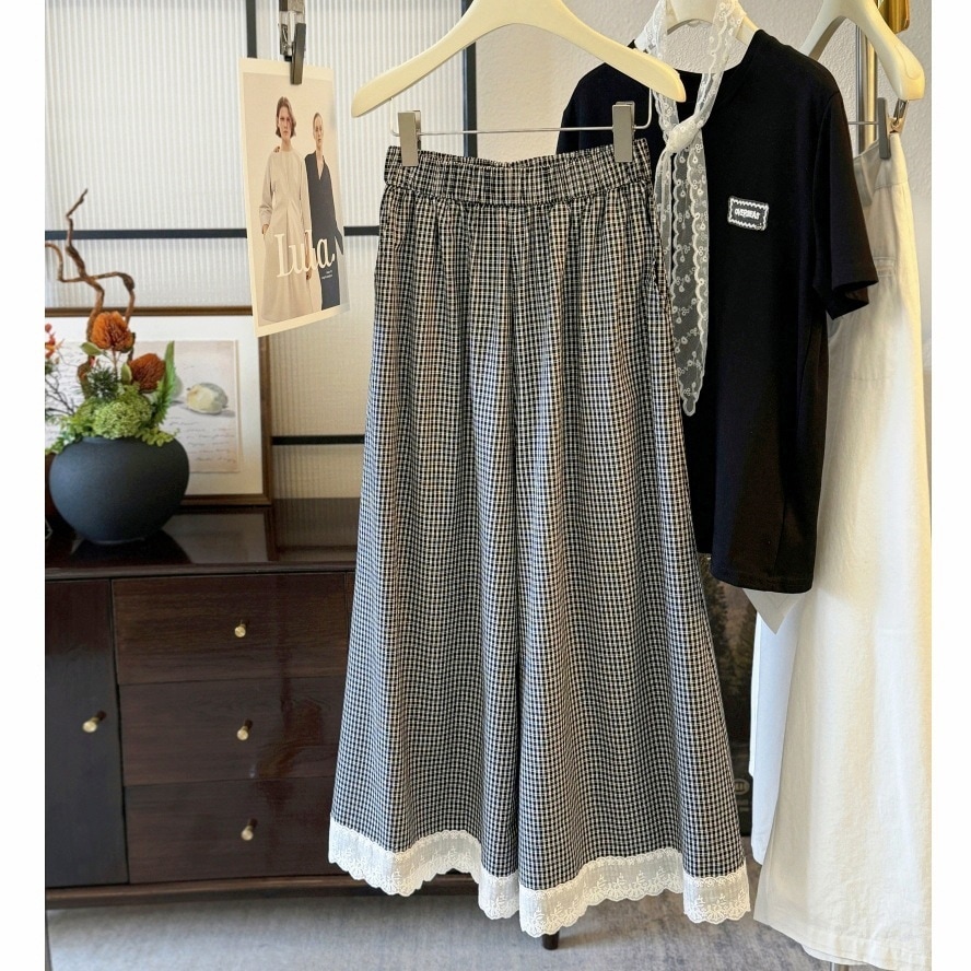 スカートレトロな黒と白のチェック柄レディース伸縮性ハイウエストAラインスカートコントラストレースステッチハイウエストスリムカジュアルパンツ