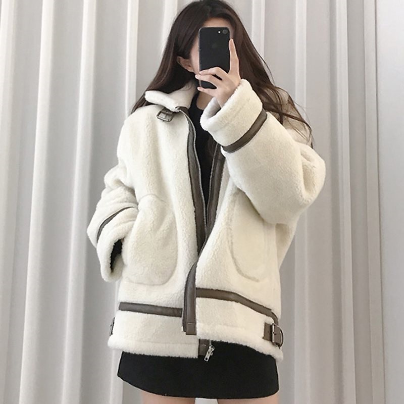 韓国 ファッション 2色 ボア ジャケット パイピング アウター ホワイト ブラック ゆったり カジ