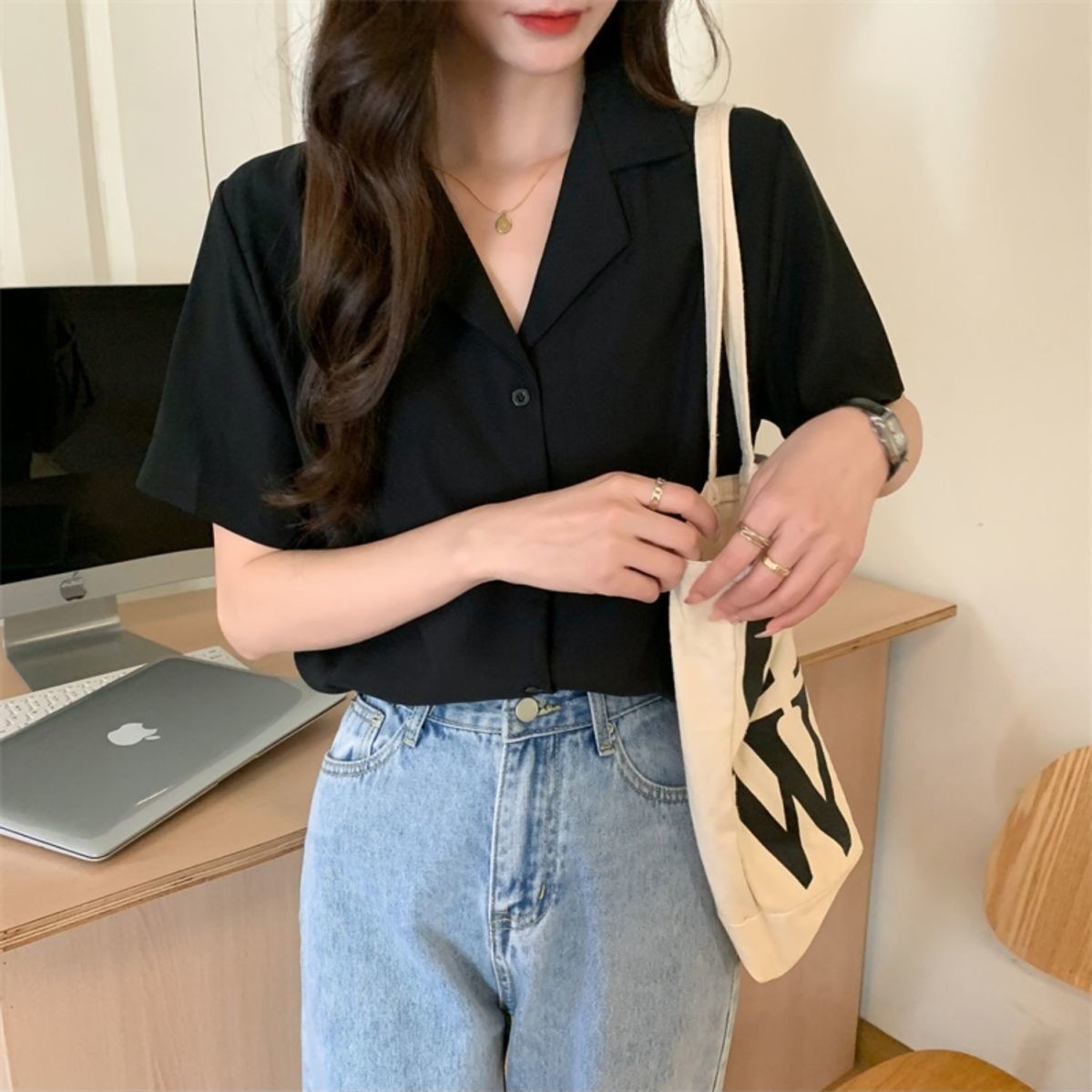 黒 シャツ レディース アウター 半袖 シフォン トップス レディース おしゃれ ゆったり ドレープ 通勤 シャツ1144