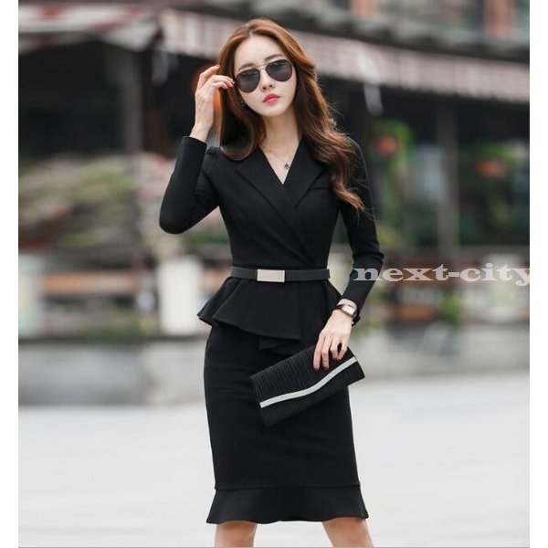 スーツワンピース タイト 膝丈 ベルト付き きれいめ フォーマルスーツ 結婚式 お呼ばれ レディース 長袖 新素材新作 ドレス 二次会 春秋服