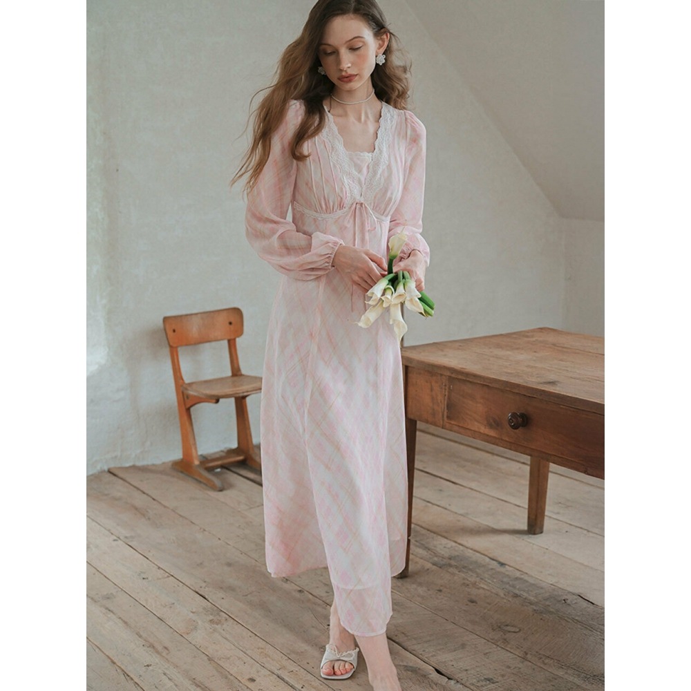 レ・ビジュー・フィロソフィーLB チェック柄リボンシフォンドレス