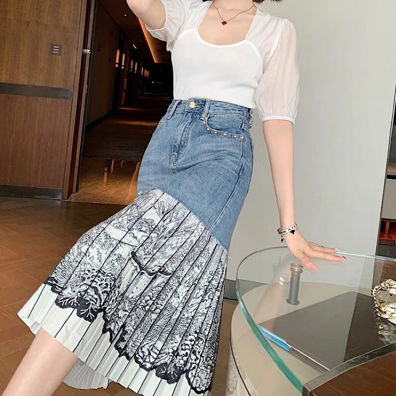 アートプリントプリーツデザインステッチAラインデニムスカート【bt0073】 7,134円