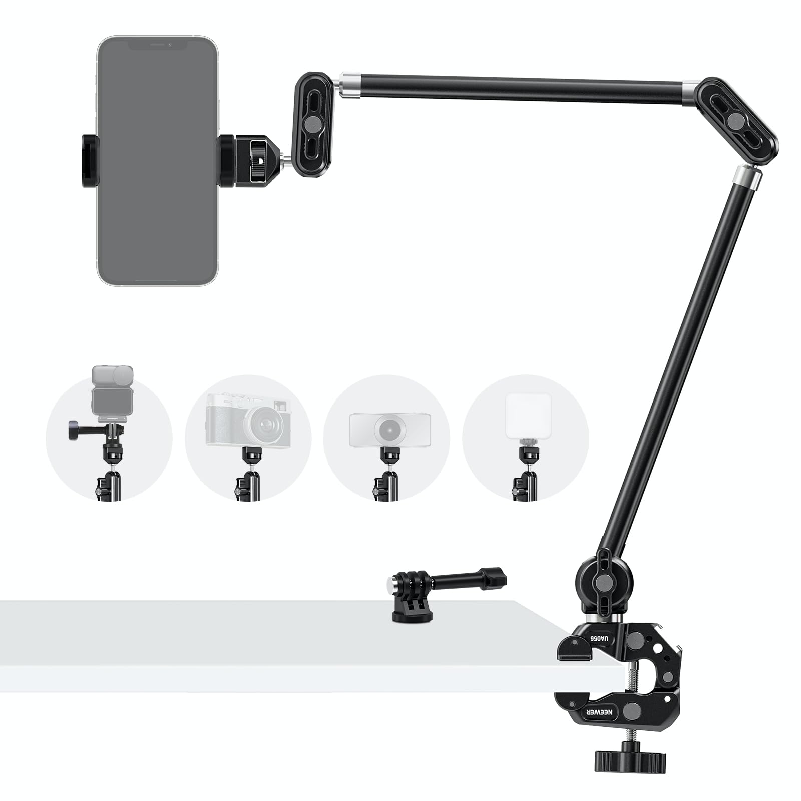 NEEWER 75cmマジックアーム 関節式ブームアーム 調整可能 スーパークランプ/アクションカムマウント/スマホホルダー付き 俯瞰撮影 カメラ卓上マウント マイクブームスタンド アクションカメラ/