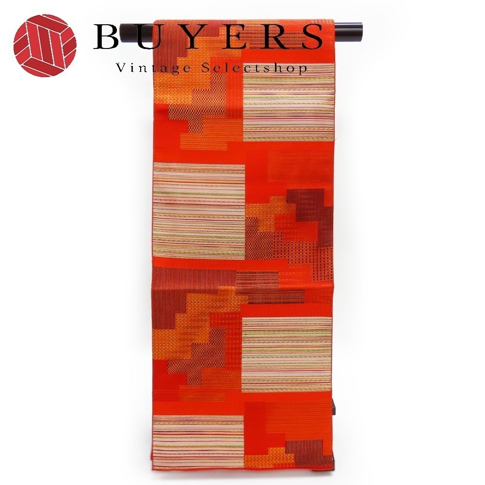 中古 名古屋帯 正絹(金銀糸除く) 朱色 オレンジ マルチカラー 松葉仕立 和服 呉服 八寸 レディース 女性