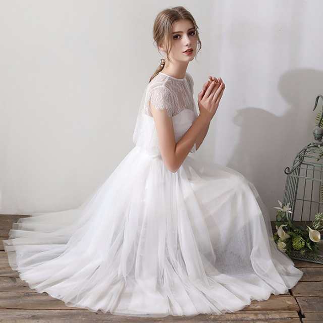 ウェディングドレス ミモレ丈 二次会 半袖 二次会 ウエディング 花嫁 二次会 ドレス 結婚式 エンパイア コンサート 演奏会 ミモレドレス