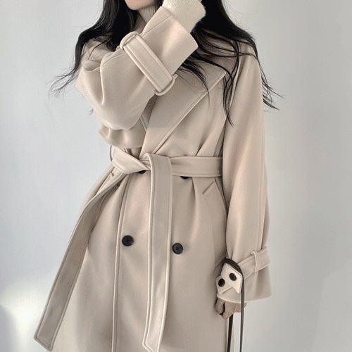 [ウール50%高クオリティ/韓国制作] 真冬までダブルトレンチベルト キルティング ウール ロングコート (3color)