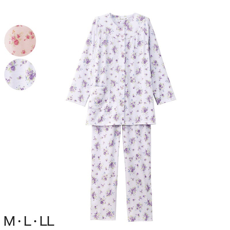 婦人 ワンタッチテープ＋腰開きパジャマ 上下セット M～LL (レディース 綿混 ワンタッチテープ マジックテープ式 おむつ交換 介護)（送料無料） (取寄せ)