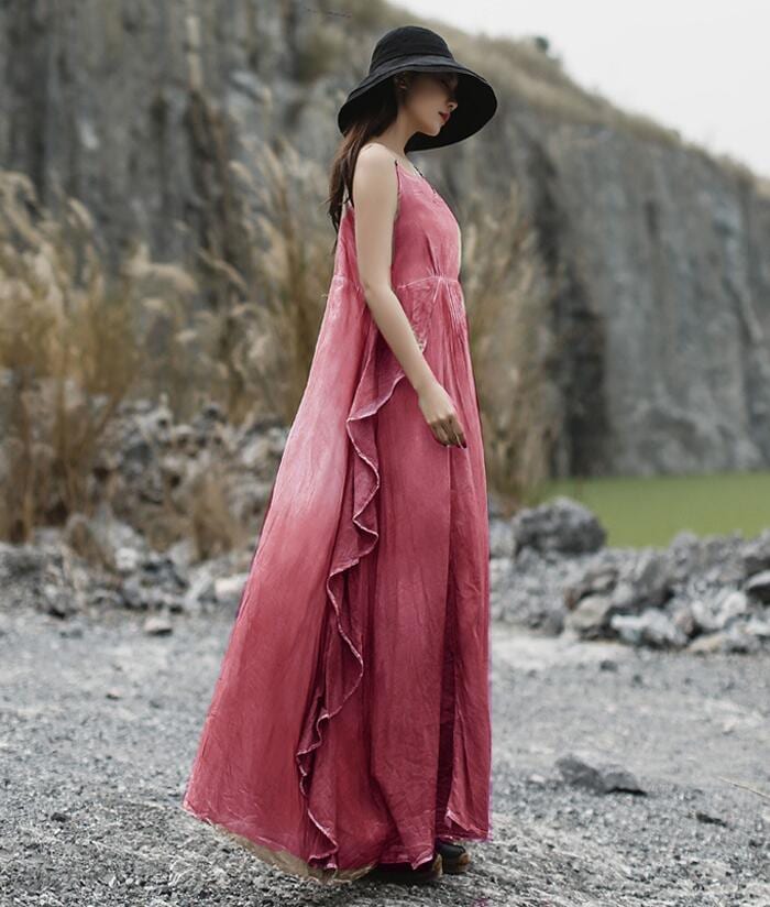 オリジナルムラ染めワンピース！ワンピース レディース ロングペチワンピース ワンピース ノースリーブ ワンピース ロング A ライン インナー 調節可能 キャミワンピース ワンピ 裾変形デザ