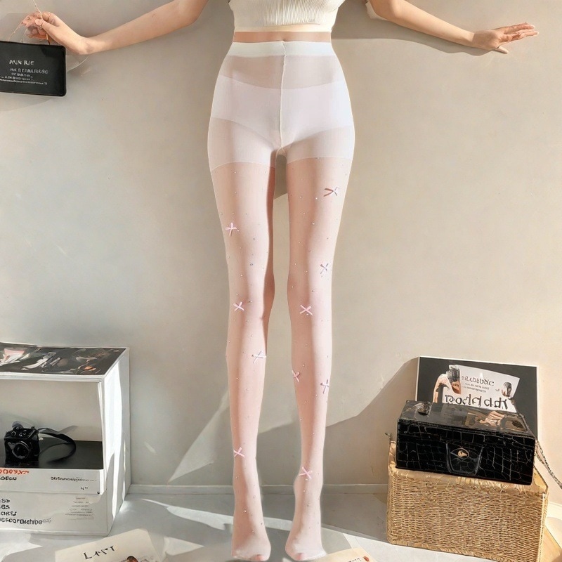 【1つ買うと10つ無料】夏の薄いロリータの女の子の女性向けシルクダイヤモンドボウストッキングホワイトピュアデザイアアンチフック肌を共有するパンスト