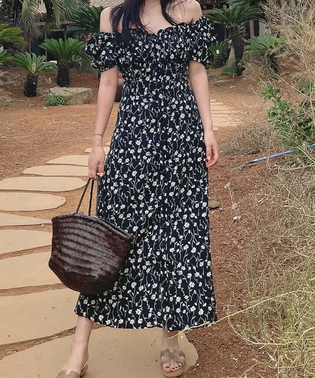 オフショルダー 半袖 バンディング フラワー 花 パターン 捺染 フレア ロング ワンピース グリーン ブラック 緑