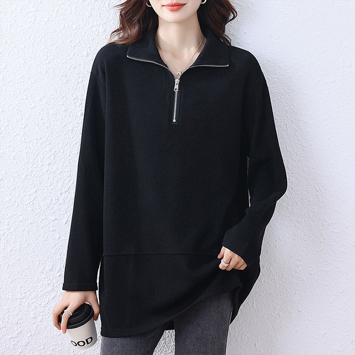 ハーフジップ スウェット シャツ レディース 春 秋 起毛 ゆったり 大きいサイズ シンプル カジュアル ブラック 黒 トップス 長袖 スウェットシャツ ジップシャツ 韓国ファッション