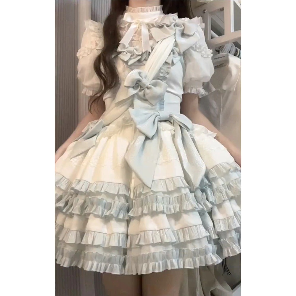 青と白 ロリータドレスセット かわいいロリータ レースリボンのプリンセスドレス コスプレ コスチューム ワンピース