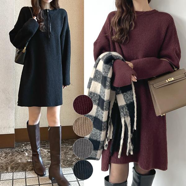 ワンピース 2way 前後で着れる ニット ニットワンピース ZIP ファスナー ゆったりシルエット 体型カバー /【前後２way】zip付ミニ丈ニットワンピース