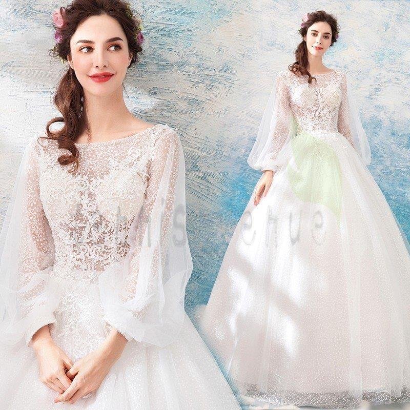 ウェディングドレス 安い 白 大きいサイズ 結婚式 袖あり パーティー 花嫁 ドレス 姫系 披露宴