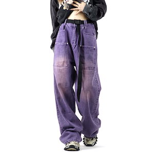 アメリカのレトロな紫色のジーンズは水洗いして古いゆるいストレートの足の堆積感のある大きなズボンを作る