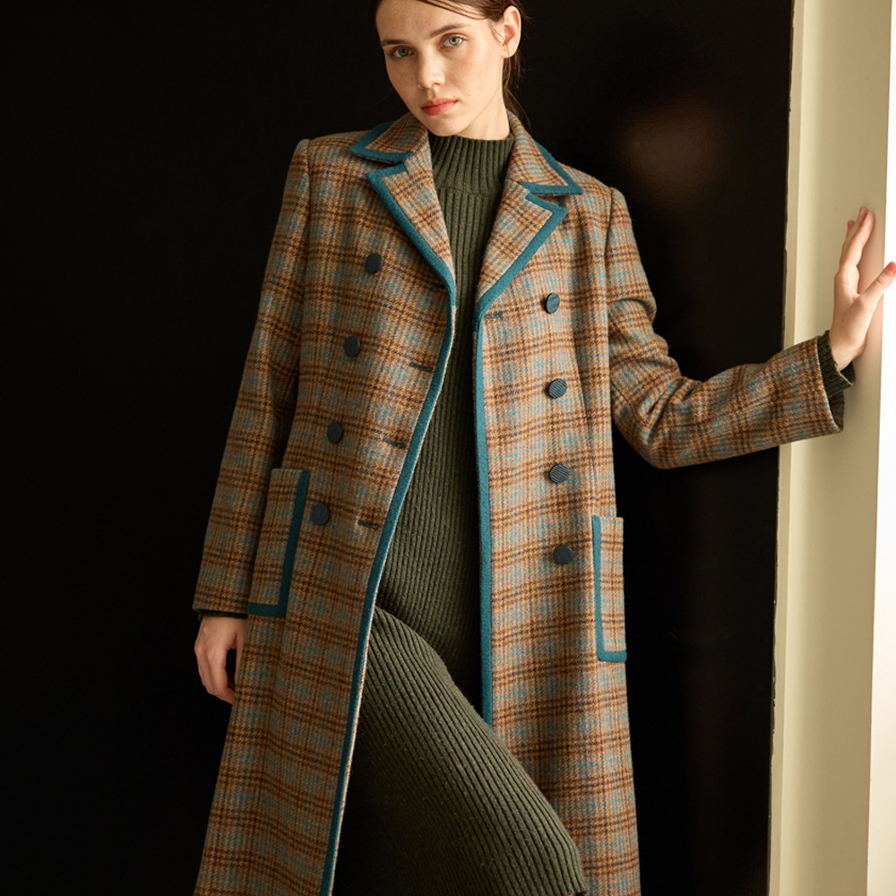 콤비 클래식컬 체크패턴 울 100% 더블브레스트 롱코트_BLUE-GREEN