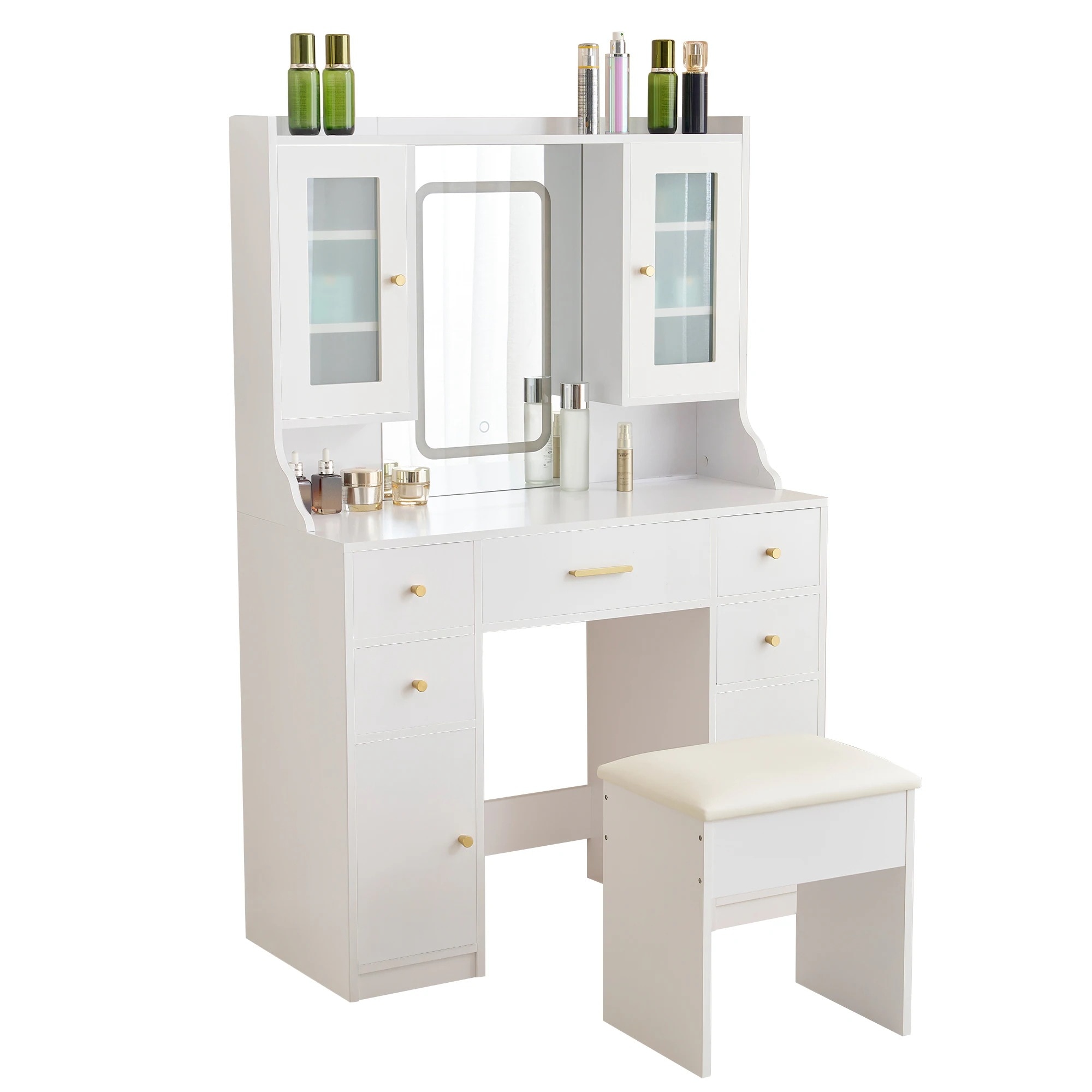 136ドレッサー 化粧台 テーブル 鏡台 コンセント付き ライト付き 3色LED 女優ミラー 引き出し 収納 椅子 セット サイド収納 メイク台 シンプル 大容量 可愛い