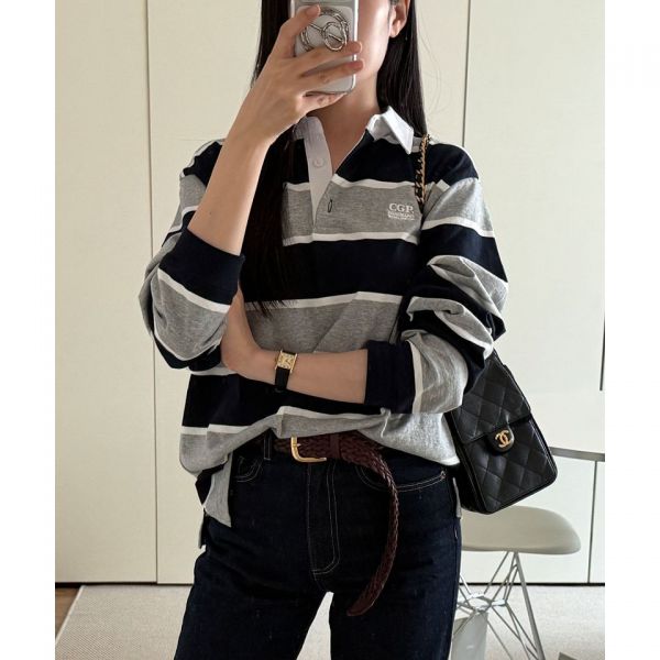 スモールスクエア ロゴストライプ ラグビーTシャツ - ダークネイビー