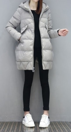 5105.フード付きシンプルダウンコート（グレー）2019 春夏 sale アウター 美ライン おしゃれ ロング丈 オフィス ビジネス お出かけ 女子会 普段使い 通勤 通学 100,000円