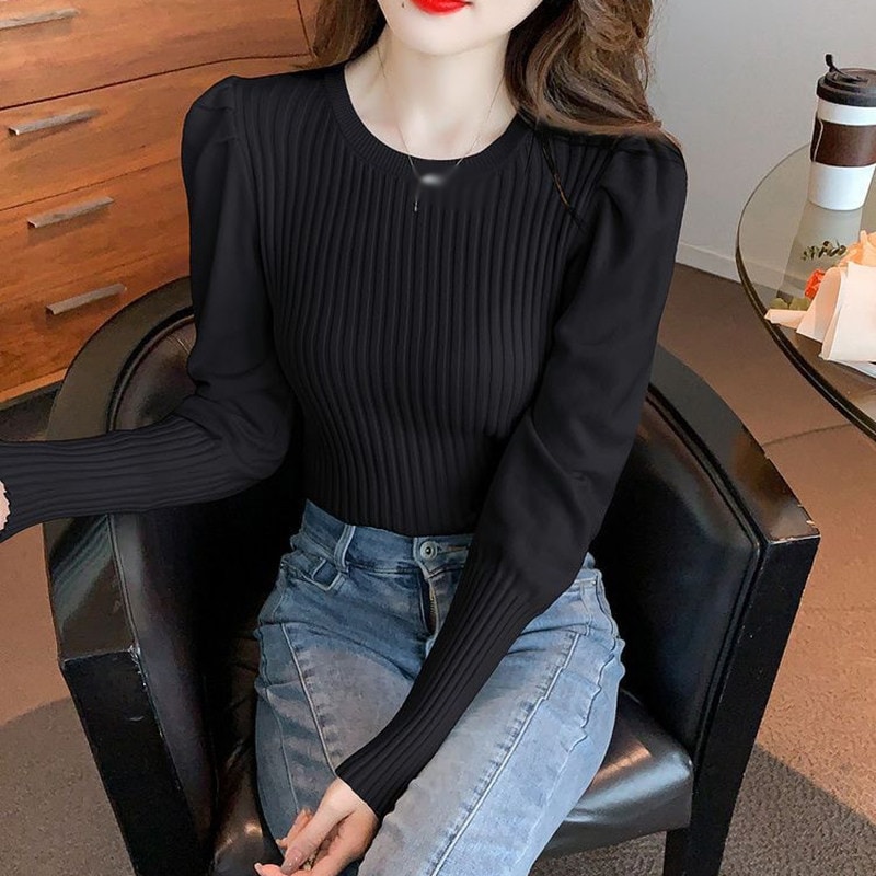 リブニット タイト レディース セーター パフ袖 かわいい クルーネック 無地 レディース 長袖 オフィス スーツ きれいめ トップス セーター インナー シンプル 春 秋 冬 薄手 会社 仕事 オフ