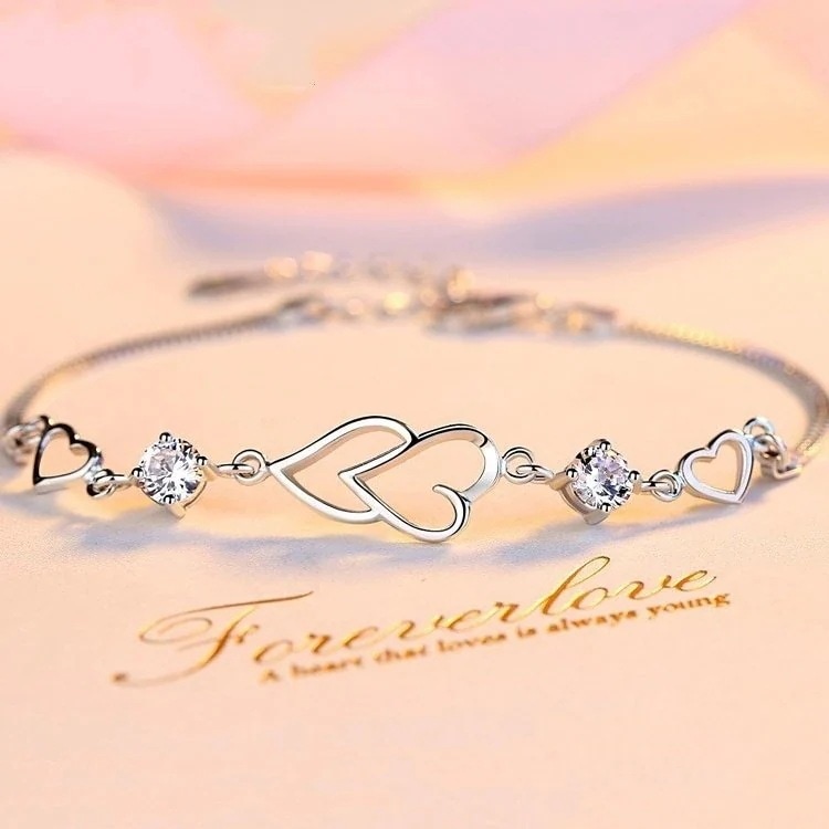 ブレスレット レディース/2粒ダイヤ ハートブレスレット/プラチナ仕上げ シルバー925/女性 人気