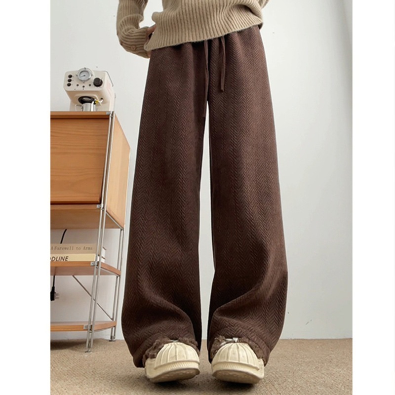 オリジナルジャガードシェニール生地グレーヘリンボーンワイドパンツ秋冬プラスベルベット増粘ストレートワイドカジュアルパンツ