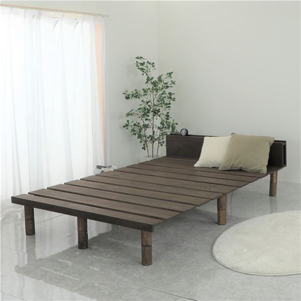 脚付き すのこベッド ダブル ブラウン ウォールナット突板 3段階 高さ調節 ベッドフレーム 収納 スライドコンセント付