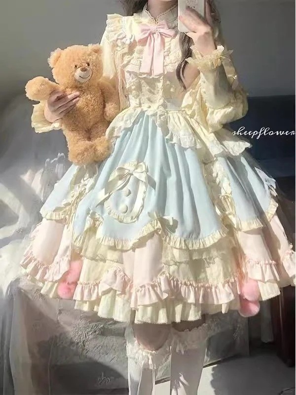 ブルーピンクかわいい甘い甘くてファッショナブルなロリータ長袖ドレスオペアープリンセススカートロリータ秋と冬スタイルワンピースドレスドレス