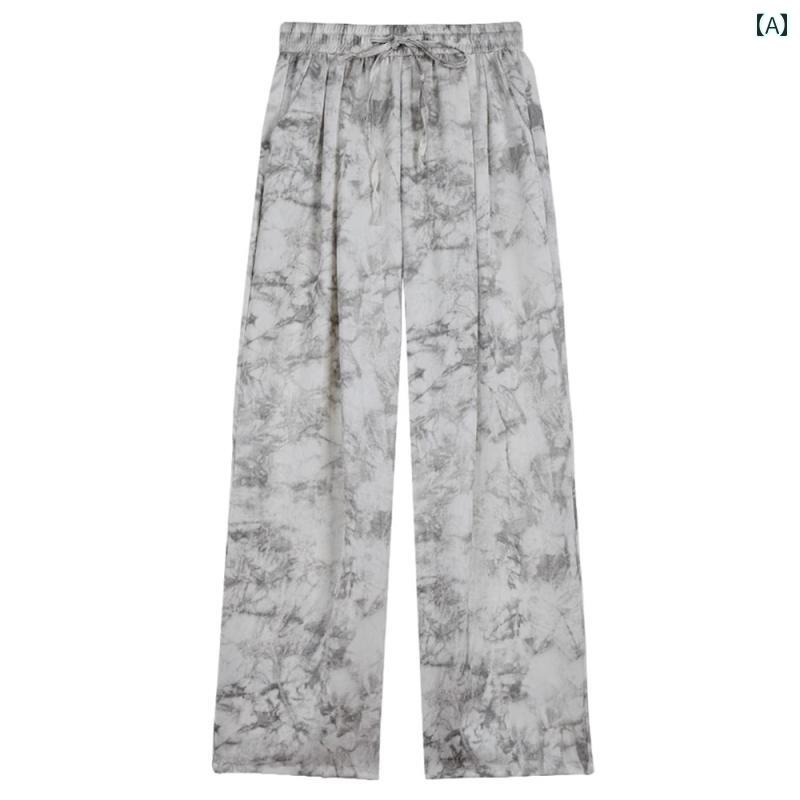 レディース ボトムス パンツ 中華風 アセテート サテンストレート 女性 夏 インク 模様 弾性 ウエスト 冷感 ズボン
