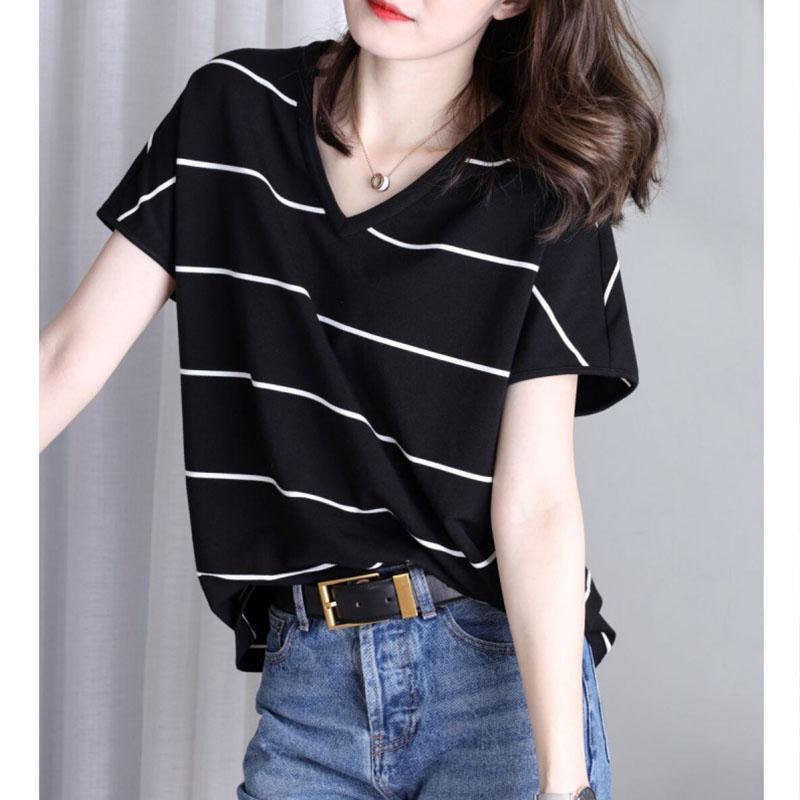 夏季新款宽松240百搭休闲短袖t恤女胖mm300斤大码时尚v领条纹上衣