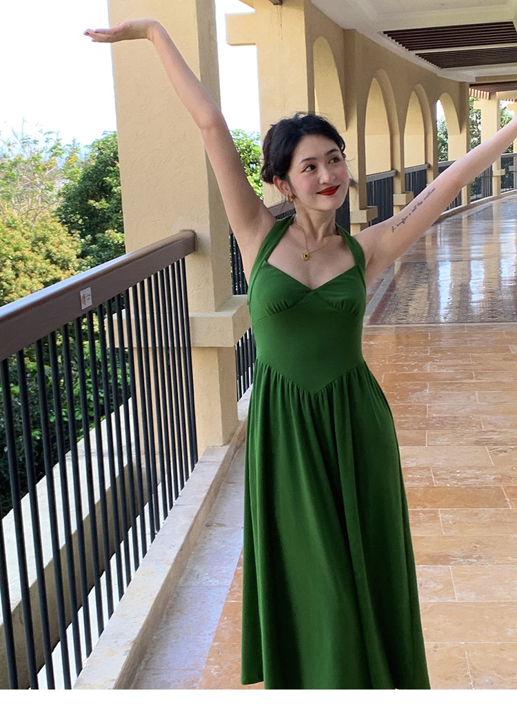 レディース エレガント ウエスト スリム ホルターネック ドレス 女性 夏 フレンチ レトロ スカート レッド ブラック グリーン ホワイト S M L XL かわいい 大人可愛い きれいめ