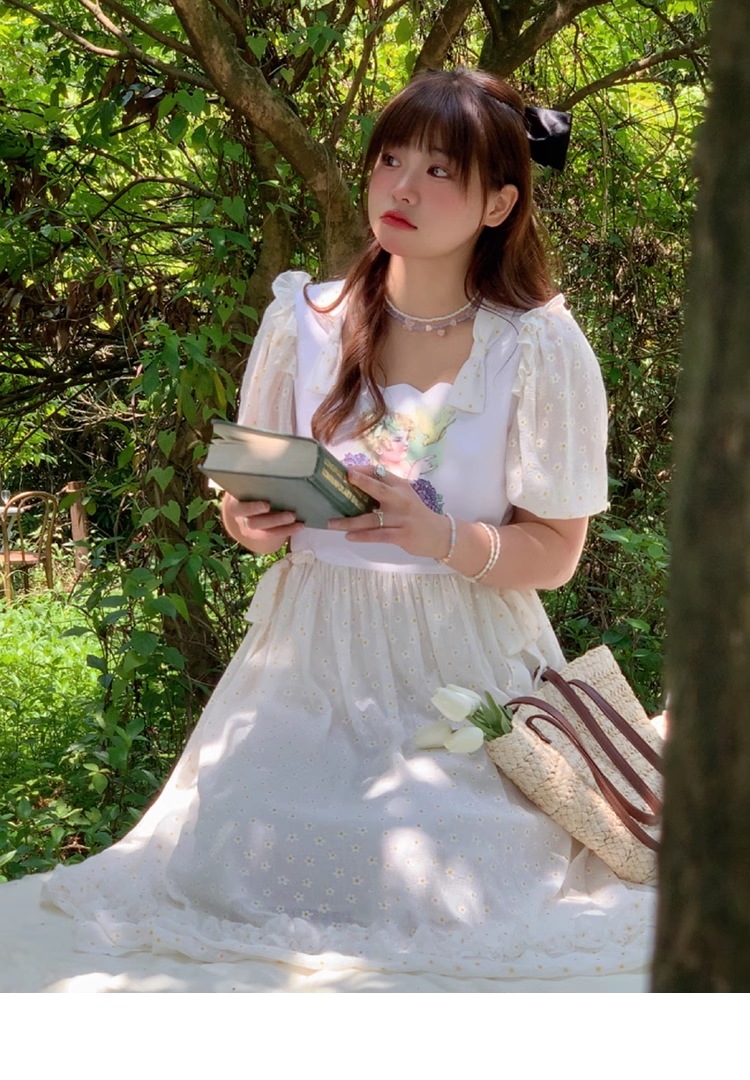 プリント デイジー 花柄 ワンピース 大きいサイズ スクエアカラー ホワイト 個性的 ワンピース ロング ロング丈 袖あり 半袖 パフスリーブ スクエアネック 襟なし かわいい 大人可愛い シンプル