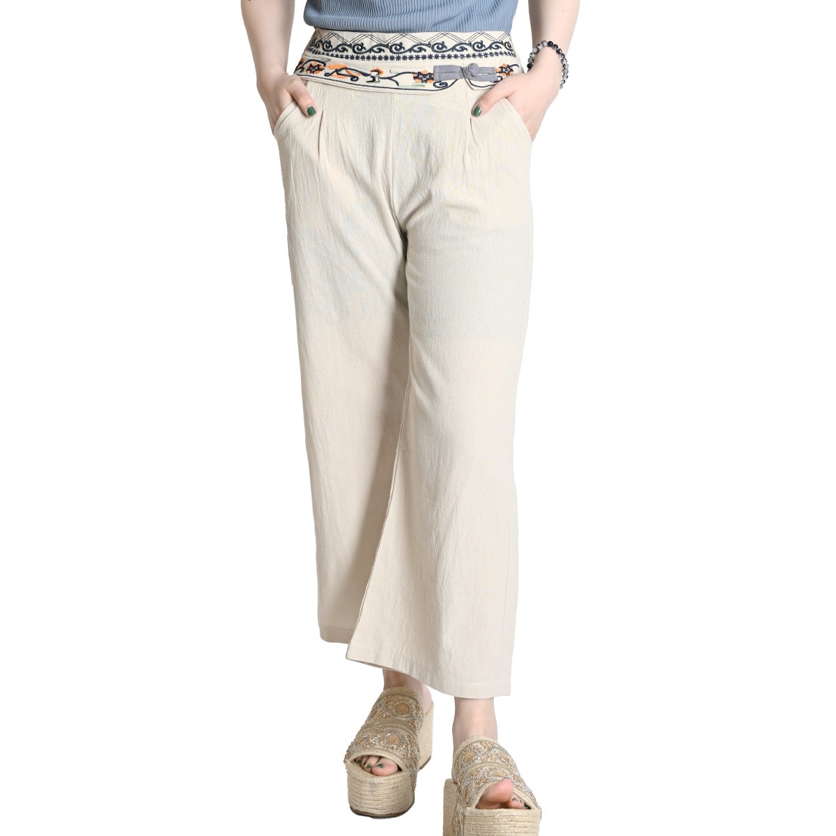 ストレートパンツ レディース 春 夏 チャイナ ストレート パンツ ワイドパンツ 刺繍 無地 個性的 ガウチョパンツ フレアパンツ ガウチョ フレア ワイド ボトムス ウエストゴム ハイウエスト 綿麻