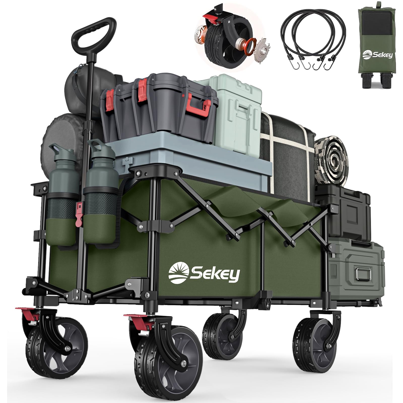 Sekey 後ろ開け キャリーワゴン 2way 長物対応 大容量200L 高耐荷重150kg 【ベアリング内蔵の大型ノーパンクタイヤ】ブレーキ付き アウトドアワゴン 軽量 自立収納 静音 キャンプレ