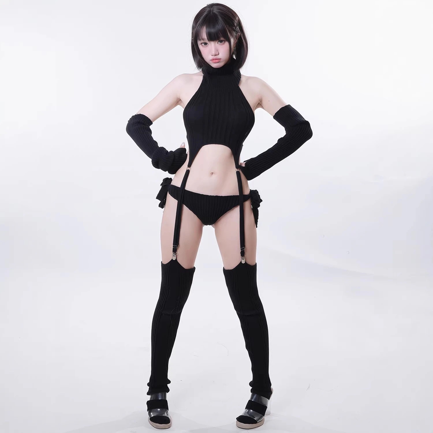 3日出荷 オープンバック セーター 童真コス オタク殺し 純欲ブラック ソックス＆手袋付き 春服 レディース