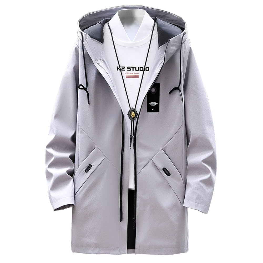 [GUTHONG] メンズ ジャケット フード付き 秋服 防風 防寒 ファッショ 無地 ジャケット スタジャン 大きいサイズ 軽量 春秋冬 メンズ トレンチコート gray 2XL