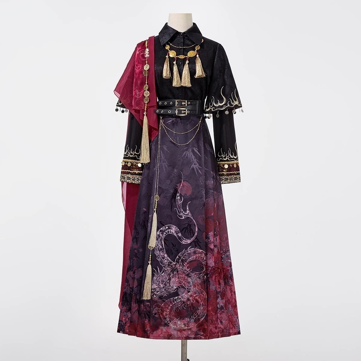 【フルセット】炎龍引新韓国韓cos要素上着半スカート赤黒系cos服セット