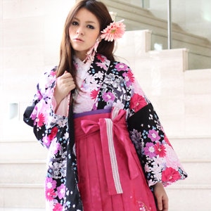 レンタル卒業式 袴 レンタル 女 袴セット 卒業式袴セット2尺袖着物＆袴 フルセットレンタル黒地にピンク紫バラとマーガレット＆レース安い ＨＬ ハカマ はかま rental