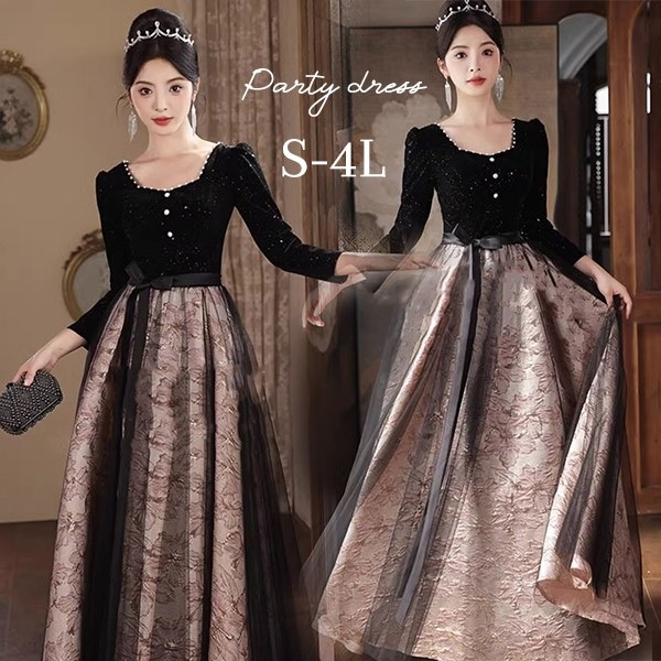 ドレス 大人 ピアノ 発表会 ロング丈 ぽっちゃり 大きいサイズ イブニングドレス 演奏会 ピアノ発表会 袖付き ワンピース Aライン ステージドレス 二次会 女子会 成人式 パーティードレス 大人可
