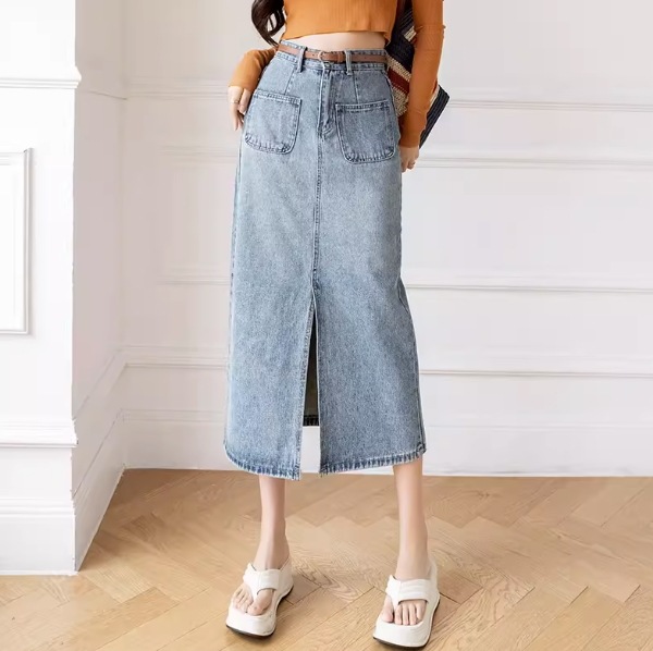 スカート デニムスカート ドレスワンピース ロング丈 スリム スマート デザイン ニュアンス スリット ポケット ヴィンテージ風 デニム ブルーデニム ウォッシュ加工 カラバリ スタイルアップ 5,113円