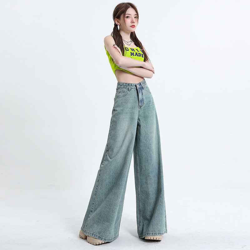 美脚動きやすい ワイドパンツ 脚長効果 パンツ 長ズボン デニムパンツ ジーンズ モップパンツ ハイウェスト パンツ