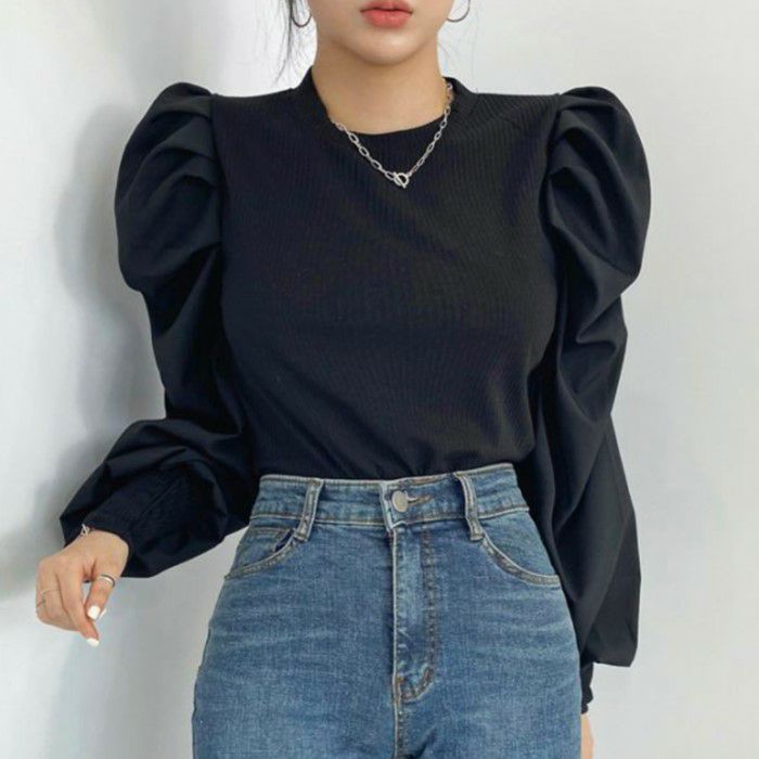 2021年 秋冬 2color パフスリーブ ボリューム袖 異素材 プルオーバー トップス