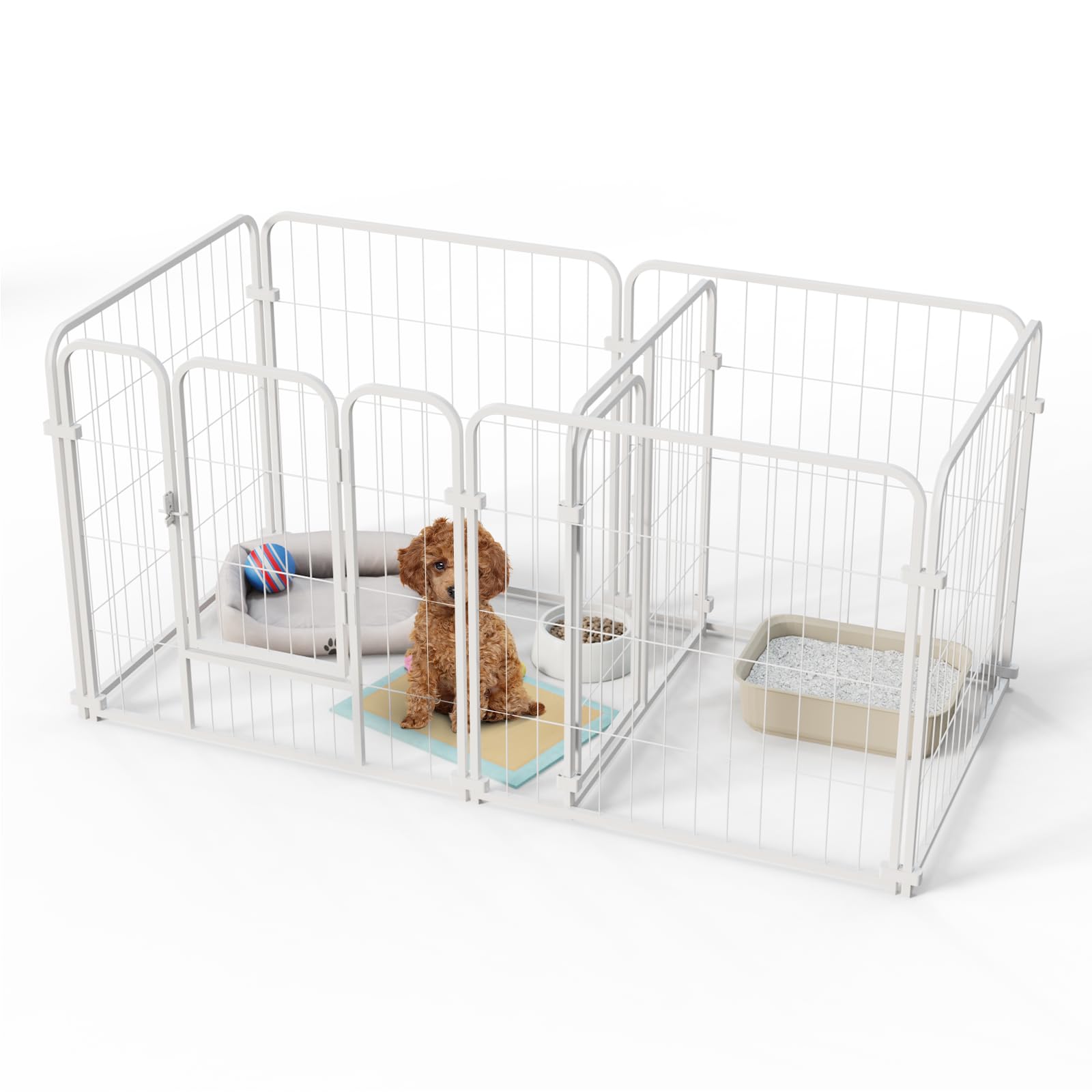 ペットサークル 犬 ケージ ペットフェンス ペットゲート 犬用ゲージ ドッグラン 室内 小型犬 仕切り板付き 簡単組み立て 軽量 (高さ60cm-7枚-ホワイト)