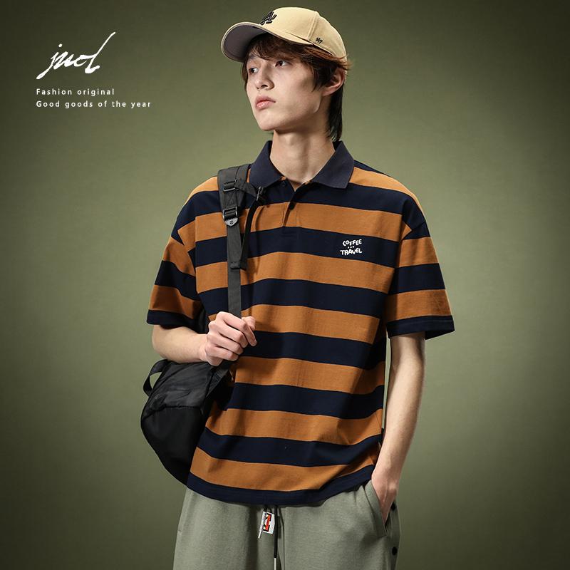 ポロシャツ メンズ レトロ コットン 半袖 ベースボール 夏 アメリカン 大きいサイズ T シャツ ブラウンホワイト 男性 5,225円