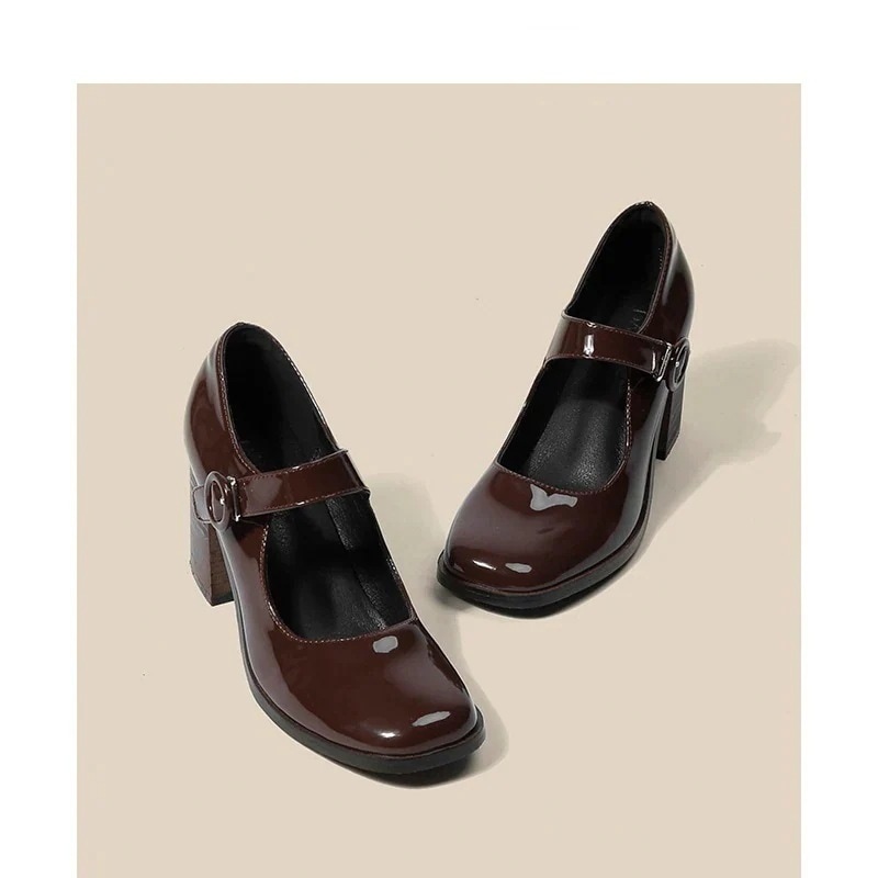 【wanzhen】気質個性レディースメリージェーン靴 レトロ英伦風 ブラックハイヒール 太ヒールスクエア靴 母の日