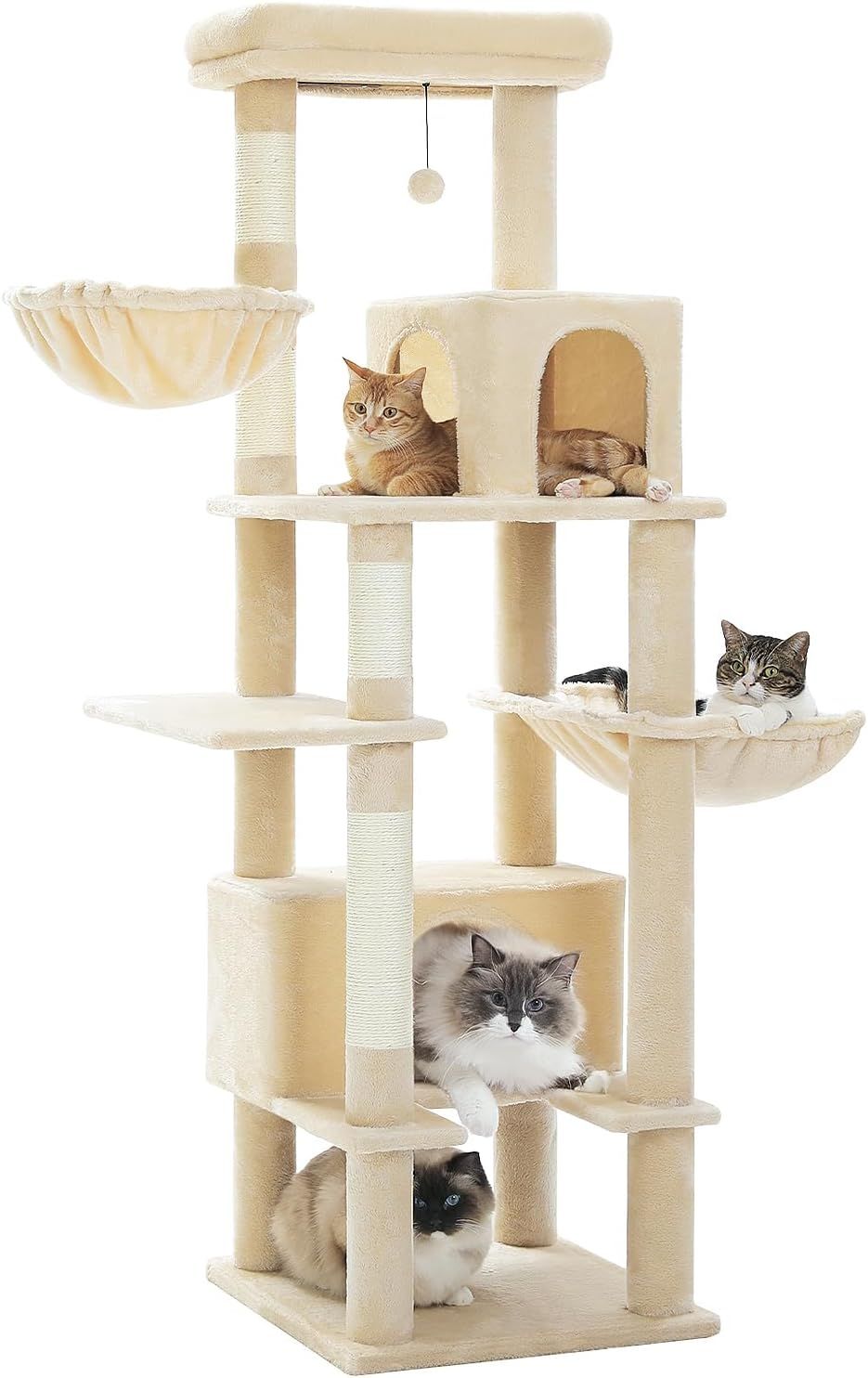 キャットタワー 多頭飼い 大型猫用 スリム 猫タワー 大型 爪研ぎ 麻紐 ハンモック 据え置き 省スペース 人気 おしゃれ かわいい シンプル おもちゃ 運動不足 安定 頑丈 大型猫 - ベージュ 1