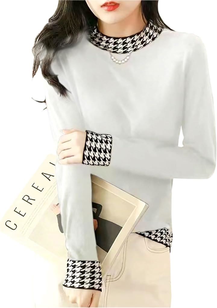 ニットトップス 千鳥柄 モックネック スリムフィット 10分袖 シンプル レディース(ホワイト, S)