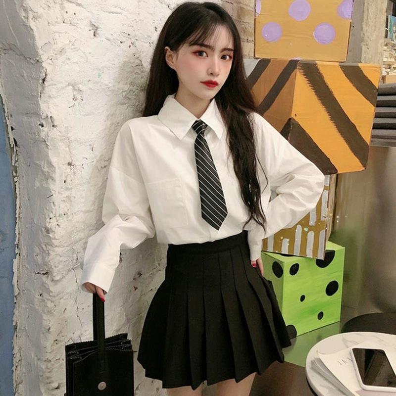 JK制服 セット コスプレ JK制服ネクタイ白シャツ女性用トップス小規模長袖シャツ日系学院風セット 韓国ファッション